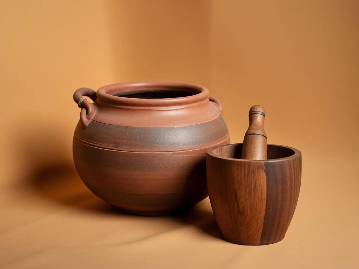 Panela de barro e pilão de madeira